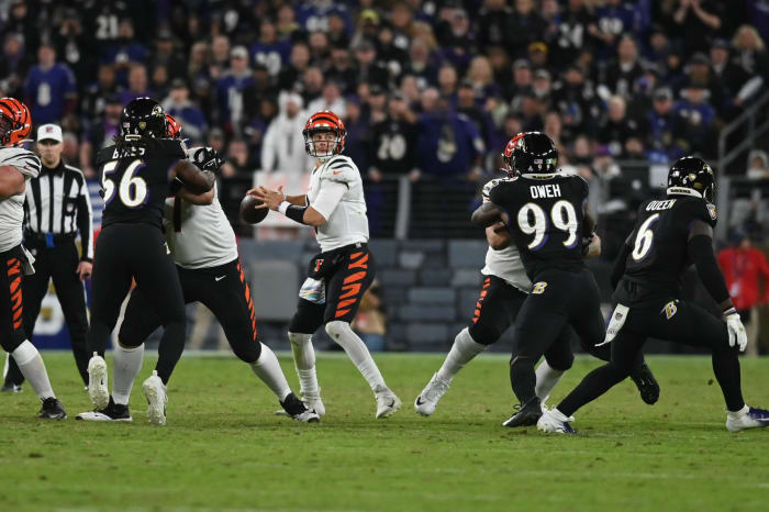 Oct 9, 2022; Baltimore, Maryland, USA; Cincinnati Bengals quarterback Joe Burrow (9) drops back to pass during the game against the Baltimore Ravens at M&T Bank Stadium. Mandatory Credit: Tommy Gilligan-USA TODAY Sports